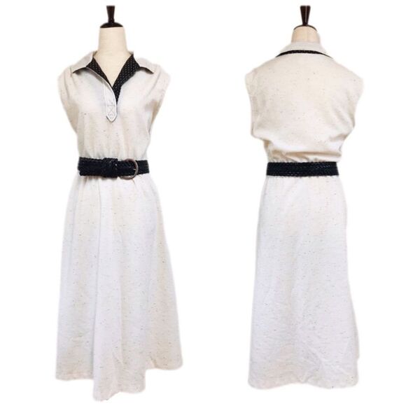 VINTAGE 80s Fit &‎ Flare Sleeveless Shirt Dress Midi Ivory Brown Plus Size 14 16 - Picture 1 of 11